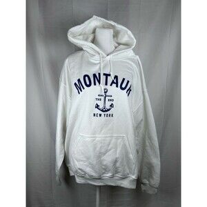 Gildan Montauk White Hoodie Heavy Blend Size Large Navy Blue Print Nautical NY